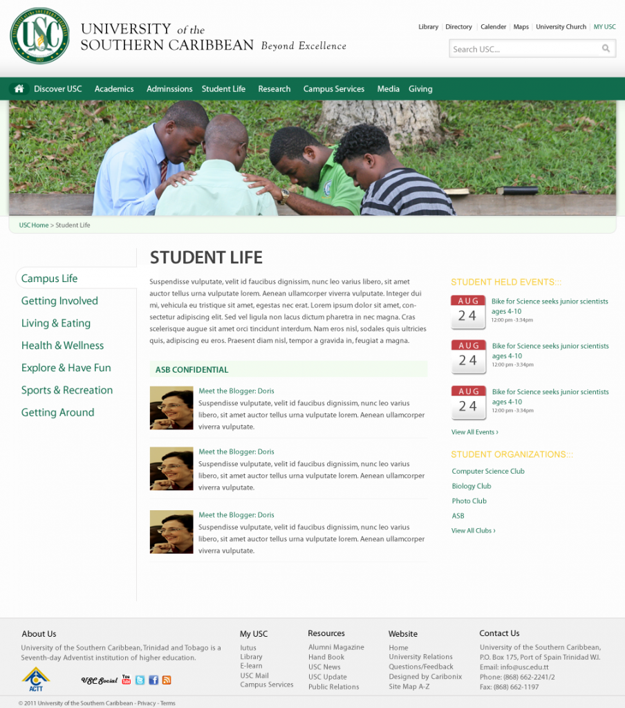 USC Sub-page Student Life University Student Life: Page design is structured to deliver information in a meaningful way which students can understand.