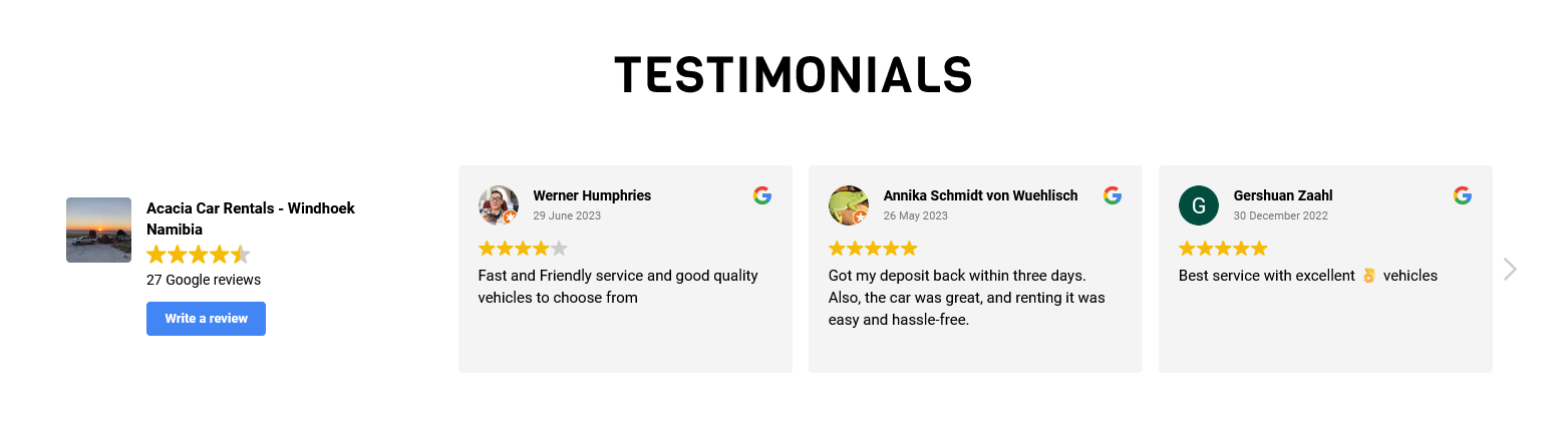 How Google Reviews Integration Appears on Our Customer Website, Acacia Car Rentals